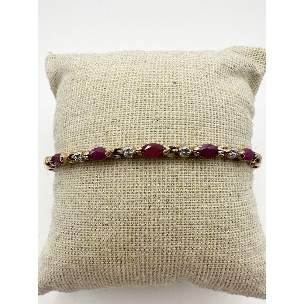 ROSS SIMONS Sterling Silver Gold Plated Real Diamond & Ruby Tennis Bracelet 7.5"